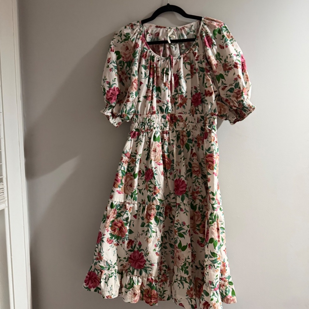 Anthropologie Floral Midi Dress Womens Medium Cream Pink Smocked Puff Sleeve